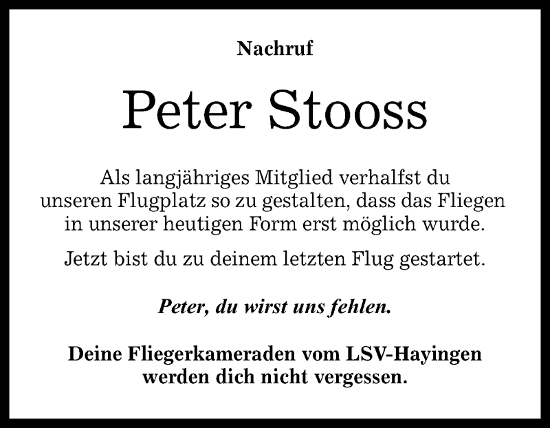  Traueranzeige für Peter Stooss vom 13.09.2016 aus Reutlinger Generalanzeiger
