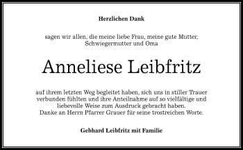 Anzeige von Anneliese Leibfritz von Reutlinger Generalanzeiger