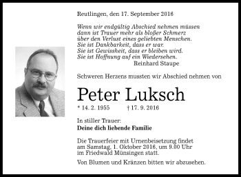 Anzeige von Peter Luksch von Reutlinger Generalanzeiger