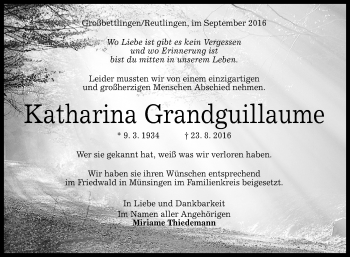 Anzeige von Katharina Grandguillaume von Reutlinger Generalanzeiger