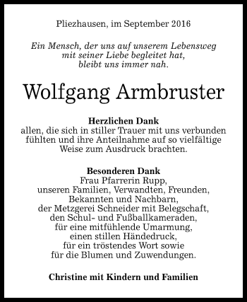 Anzeige von Wolfgang Armbruster von Reutlinger Generalanzeiger