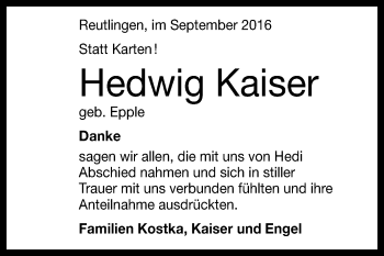 Anzeige von Hedwig Kaiser von Reutlinger Generalanzeiger