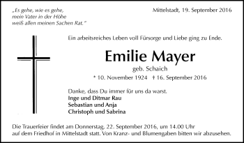 Anzeige von Emilie Mayer von Reutlinger Generalanzeiger