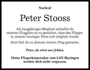 Anzeige von Peter Stooss von Reutlinger Generalanzeiger