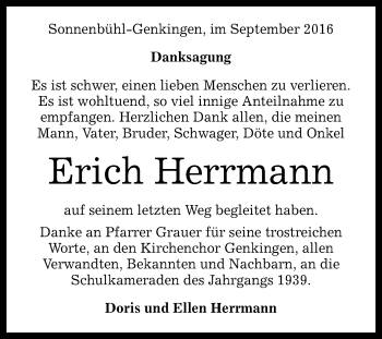 Anzeige von Erich Herrmann von Reutlinger Generalanzeiger