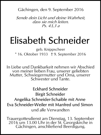 Anzeige von Elisabeth Schneider von Reutlinger Generalanzeiger