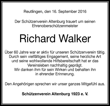 Anzeige von Richard Walker von Reutlinger Generalanzeiger