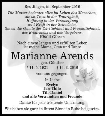 Anzeige von Marianne Arends von Reutlinger Generalanzeiger