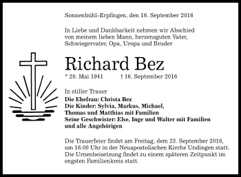Anzeige von Richard Bez von Reutlinger Generalanzeiger