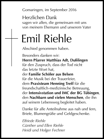 Anzeige von Emil Riehle von Reutlinger Generalanzeiger