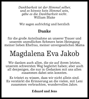 Anzeige von Magdalena Eva Jakob von Reutlinger Generalanzeiger
