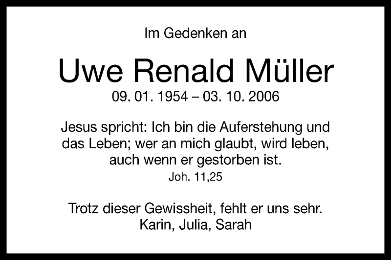  Traueranzeige für Uwe Renald Müller vom 01.10.2016 aus Reutlinger Generalanzeiger