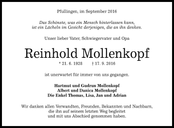 Anzeige von Reinhold Mollenkopf von Reutlinger Generalanzeiger