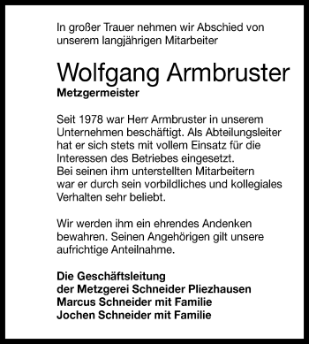 Anzeige von Wolfgang Armbruster von Reutlinger Generalanzeiger