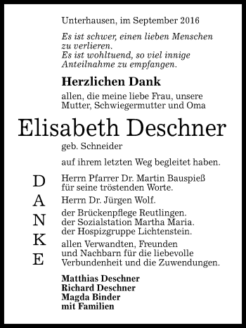 Anzeige von Elisabeth Deschner von Reutlinger Generalanzeiger
