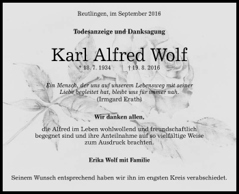 Anzeige von Karl Alfred Wolf von Reutlinger Generalanzeiger