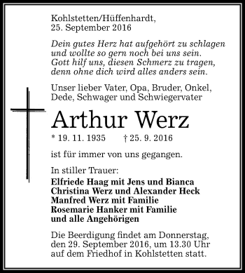 Anzeige von Arthur Werz von Reutlinger Generalanzeiger