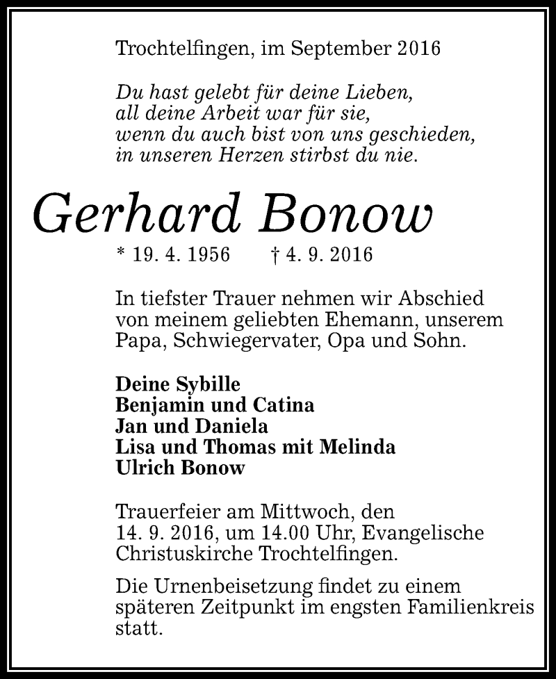  Traueranzeige für Gerhard Bonow vom 12.09.2016 aus Reutlinger Generalanzeiger