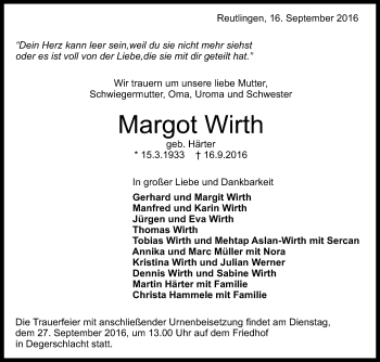 Anzeige von Margot Wirth von Reutlinger Generalanzeiger