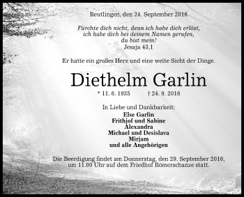 Anzeige von Diethelm Garlin von Reutlinger Generalanzeiger