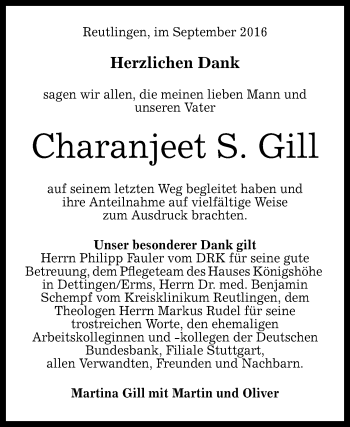 Anzeige von Charanjeet S. Gill von Reutlinger Generalanzeiger