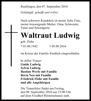 Anzeige von Waltraut Ludwig von Reutlinger Generalanzeiger