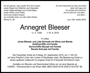 Anzeige von Annegret Bleeser von Reutlinger Generalanzeiger