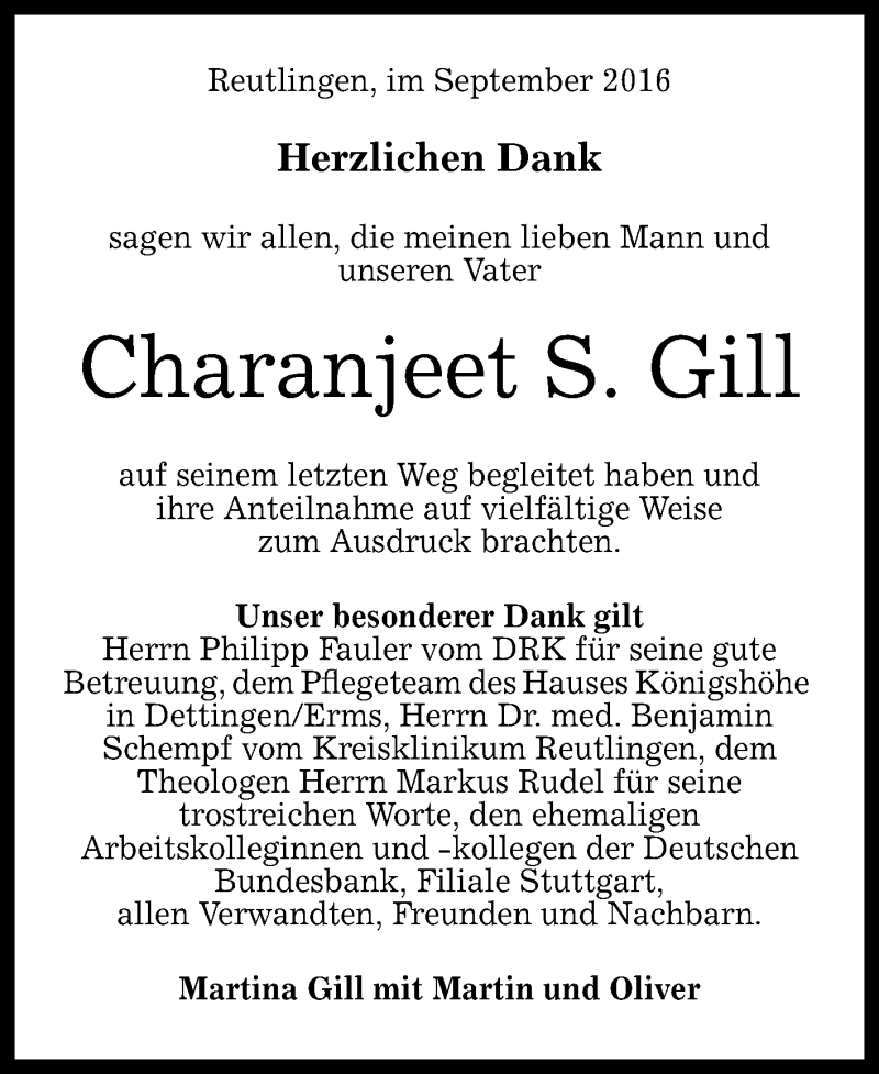  Traueranzeige für Charanjeet S. Gill vom 03.09.2016 aus Reutlinger Generalanzeiger