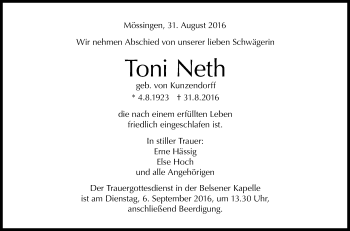 Anzeige von Toni Neth von Reutlinger Generalanzeiger