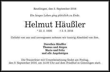 Anzeige von Helmut Häußler von Reutlinger Generalanzeiger