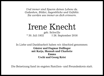 Anzeige von Irene Knecht von Reutlinger Generalanzeiger