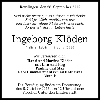 Anzeige von Ingeborg Klöden von Reutlinger Generalanzeiger