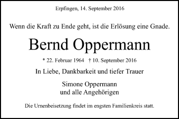 Anzeige von Bernd Oppermann von Reutlinger Generalanzeiger