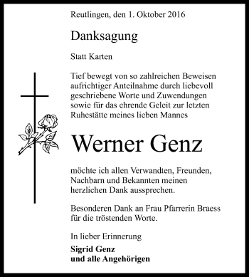 Anzeige von Werner Genz von Reutlinger Generalanzeiger