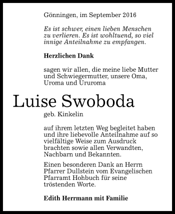 Anzeige von Luise Swoboda von Reutlinger Generalanzeiger