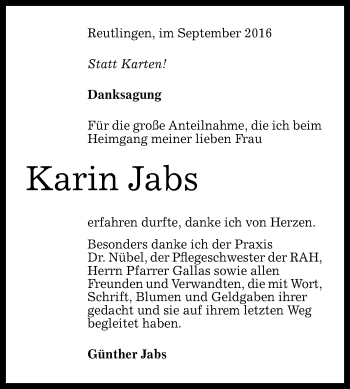 Anzeige von Karin Jabs von Reutlinger Generalanzeiger