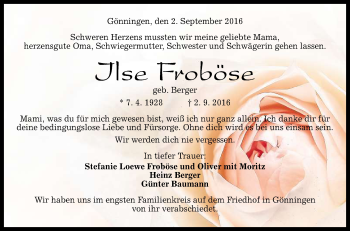 Anzeige von Ilse Froböse von Reutlinger Generalanzeiger