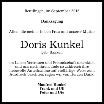 Anzeige von Doris Kunkel von Reutlinger Generalanzeiger