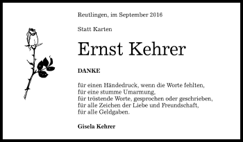Anzeige von Ernst Kehrer von Reutlinger Generalanzeiger