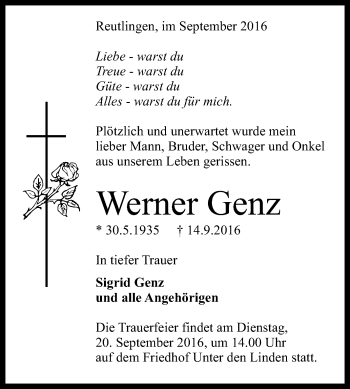 Anzeige von Werner Genz von Reutlinger Generalanzeiger