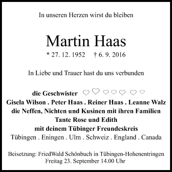 Anzeige von Martin Haas von Reutlinger Generalanzeiger