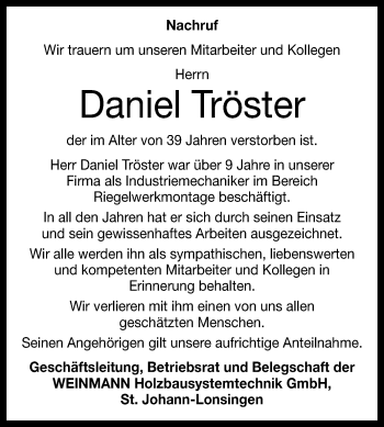 Anzeige von Daniel Tröster von Reutlinger Generalanzeiger