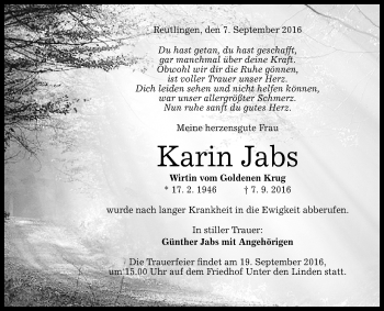 Anzeige von Karin Jabs von Reutlinger Generalanzeiger
