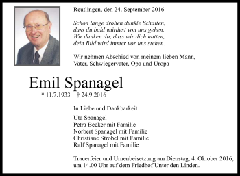 Anzeige von Emil Spanagel von Reutlinger Generalanzeiger
