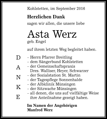 Anzeige von Asta Werz von Reutlinger Generalanzeiger