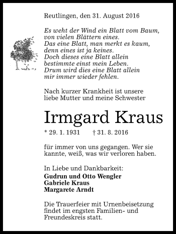 Anzeige von Irmgard Kraus von Reutlinger Generalanzeiger