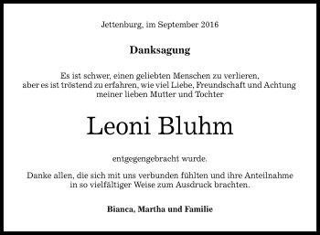 Anzeige von Leoni Bluhm von Reutlinger Generalanzeiger