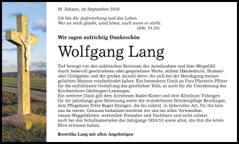 Anzeige von Wolfgang Lang von Reutlinger Generalanzeiger