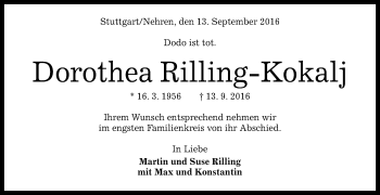 Anzeige von Dorothea Rilling-Kokalj von Reutlinger Generalanzeiger