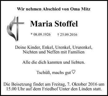 Anzeige von Maria Stoffel von Reutlinger Generalanzeiger